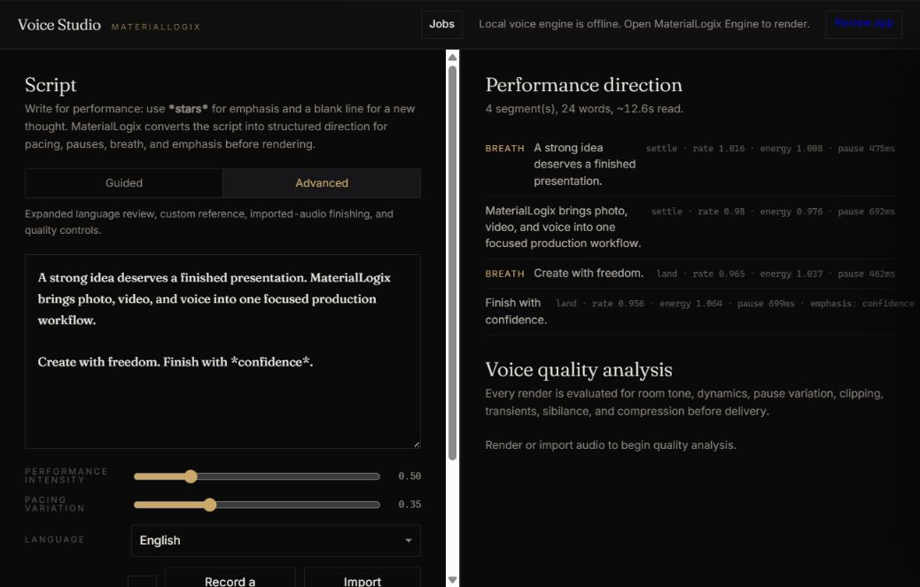 MaterialLogix Voice Studio showing performance direction and voice quality analysis